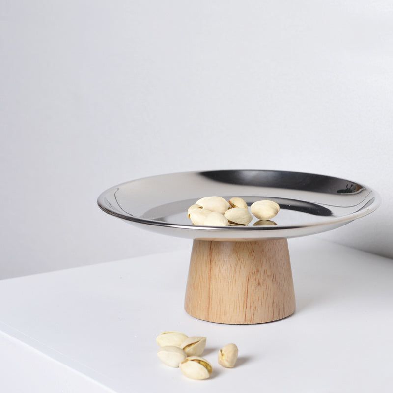 Stainless Steel High Foot Tray Solid Wood Cake Stand Metal Ornament