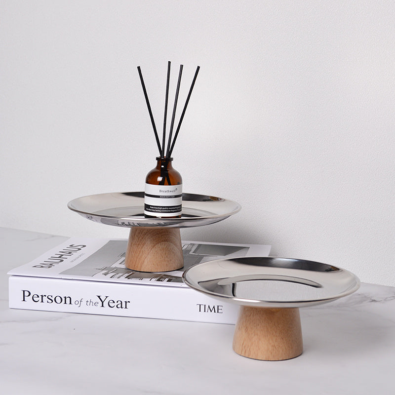 Stainless Steel High Foot Tray Solid Wood Cake Stand Metal Ornament